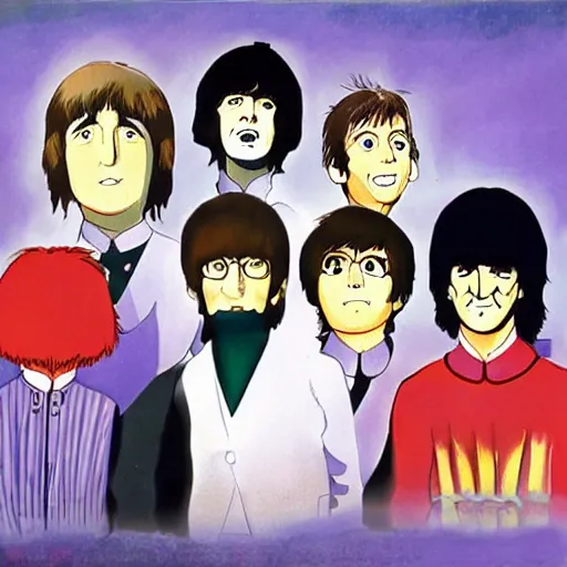 Image similar to the beatles, studio ghibli, john lennon, paul mccartney, george harrison, ringo starr