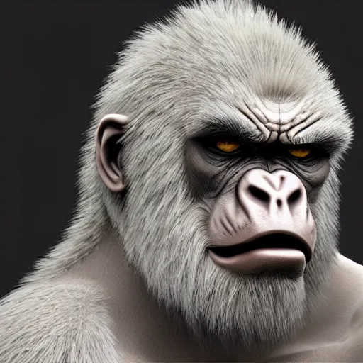 Prompt: angry tough rough looking albino gorilla. scars, battle damage, scratched armor, interesting 3 d character concept by square enix, in the style of league of legends, hyper detailed, character modeling, cinematic, final fantasy, video game character concept, ray tracing, fur details, maya, c 4 d