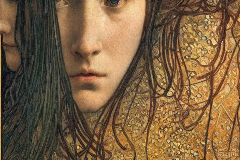 Image similar to detailed realistic beautiful young medieval queen face portrait by jean delville, alphonse mucha, vincent van gogh, and marco mazzoni, art nouveau, symbolist, visionary, gothic, pre - raphaelite