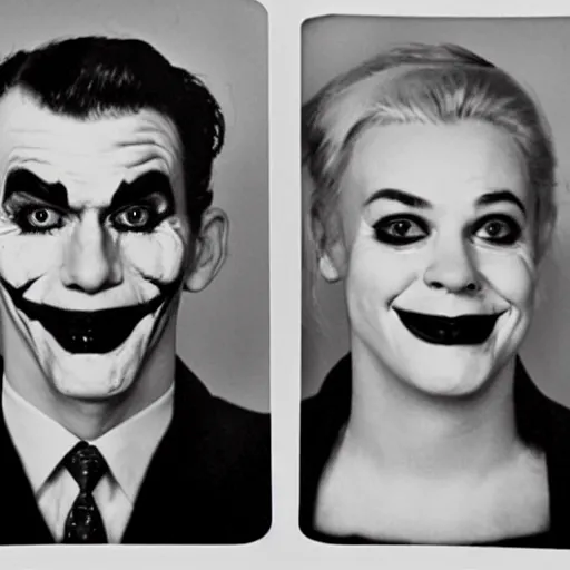 Prompt: 1960 black and white mug shot of The Joker and Harley Quinn