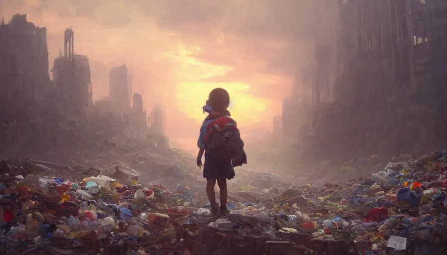 Image similar to poor detailed child with backpack looking for food at garbage dump, city is pure wasteland, moody sunset in background, greg rutkowski, alphonse mucha, trending on artstation, artgerm, unreal engine, breathtaking, award winning, highly detailed