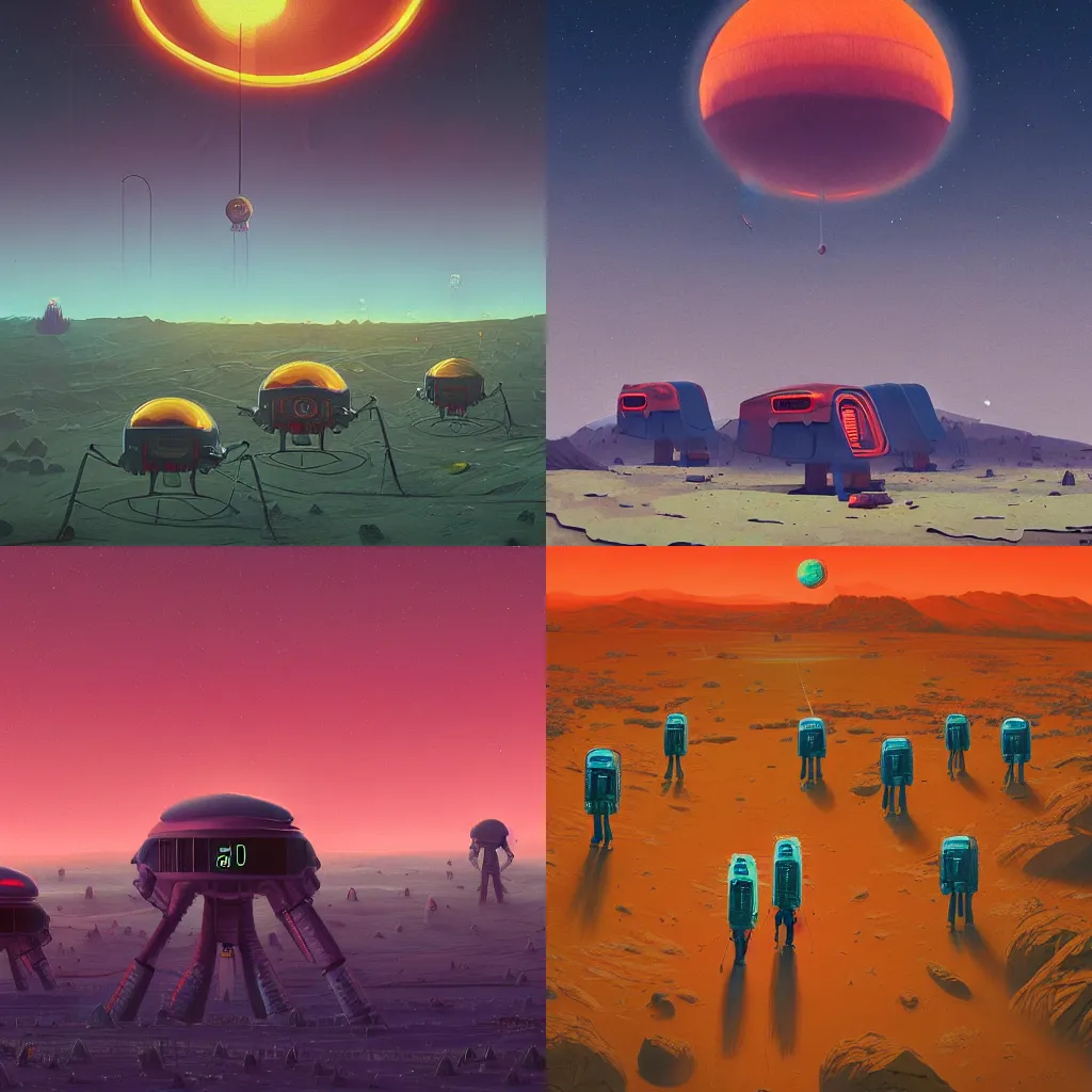 Prompt: aliens roaming a red planet in style of Simon Stålenhag