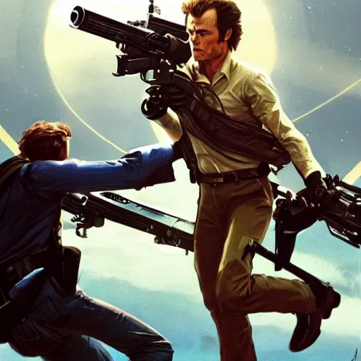 Prompt: film still of dirty harry fighting an alien, deep focus, intricate, elegant, highly detailed, digital painting, artstation, concept art, matte, sharp focus, illustration, art by artgerm and greg rutkowski and alphonse mucha and gil elvgren