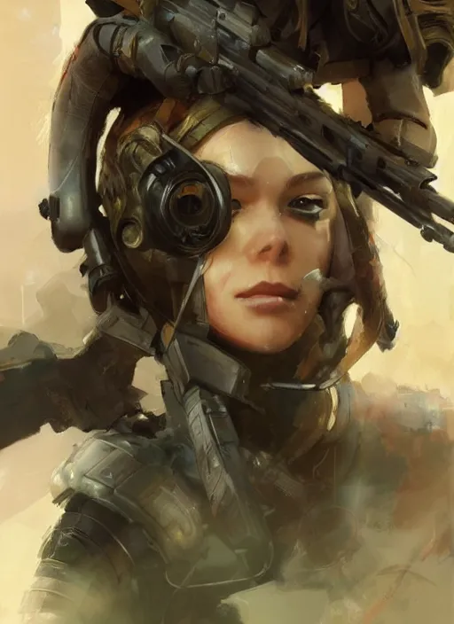 Image similar to of a beautiful sniper girl in war, with futuristic gear and helmet, portrait by ruan jia and ross tran, detailed, epic video game art, warm color tone