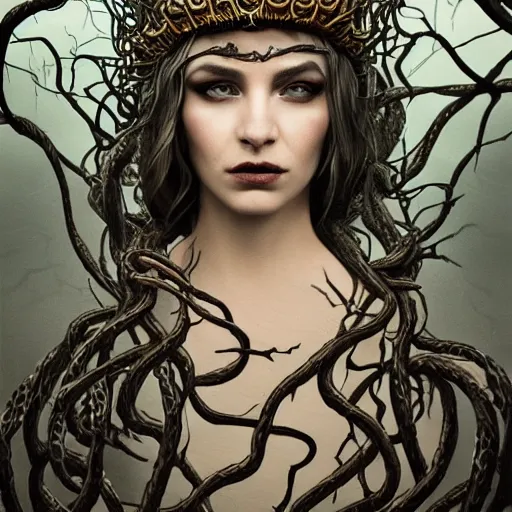 Image similar to dramatic portrait of the dark queen of snakes, wearing a crown of thorned vines, blue skin, wrapped in snakes, realism, dark fantasy illustration, surrounded by twisting forest, dynamic lighting, detailed textures, octane render, artstation