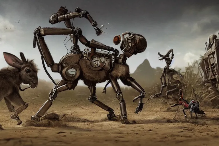 Image similar to a robot monkey riding a donkey in a post apocalyptic world being chased by giant ants