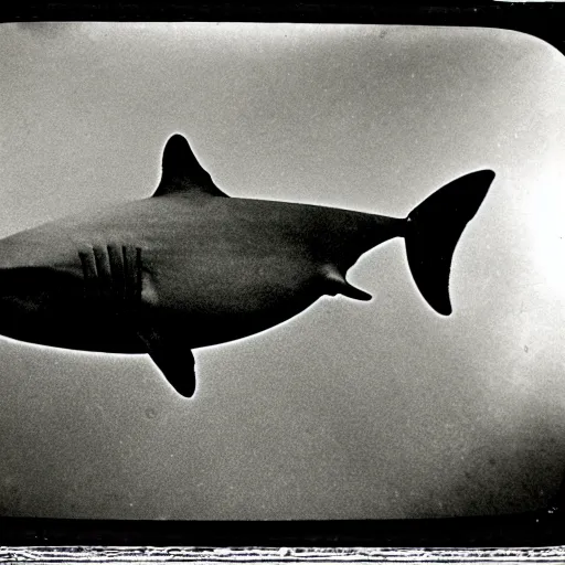 Prompt: underwater tintype photo of whale eating a shark