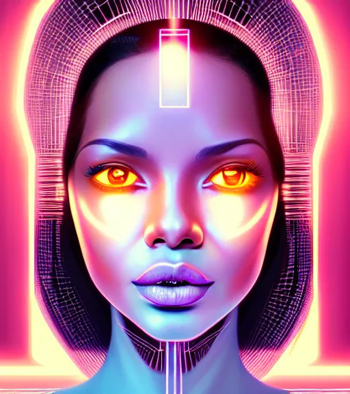 Image similar to symmetry!! latin princess of technology, solid cube of light, hard edges, product render retro - futuristic poster scifi, lasers and neon circuits, beautiful brown skin woman latin princess, intricate, elegant, highly detailed, digital painting, artstation, concept art, smooth, sharp focus, illustration, dreamlike, art by artgerm