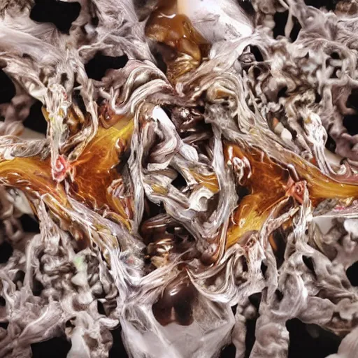 Image similar to closeup of beautiful human bodies intertwined, bodies blooming, 3 d fractals, mandelbulb, dripping wet, skin, macro photography, anamorphic bokeh, long exposure, highly detailed, hyperrealism, cinematic