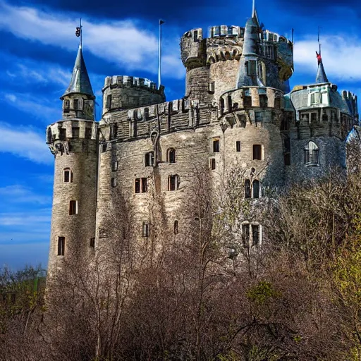 Prompt: a huge, rambling, quite scary - looking castle, with a jumble of towers and battlements, building, fantasy, landscape photo
