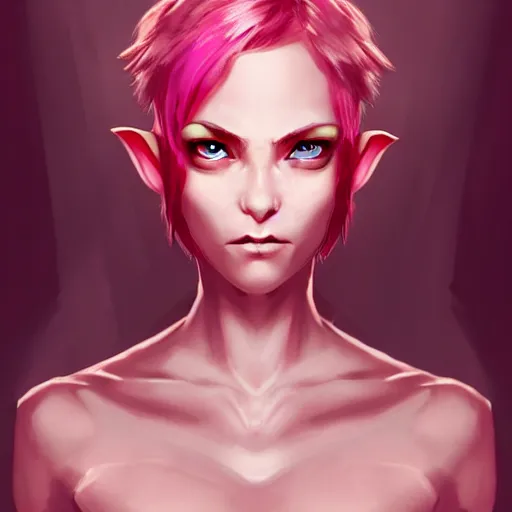 Image similar to half elf woman, dungeons and dragons, beautiful, short pink hair, deep crimson eyes, digital art, smooth, character drawing, focused portrait, artstation, highly detailed, symmetry