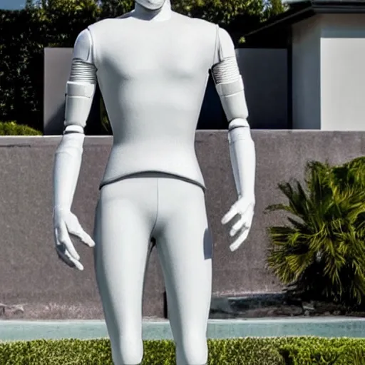 Image similar to a realistic detailed photo of a guy who is an attractive humanoid who is half robot and half humanoid, who is a male android, soccer player martin ødegaard, shiny skin, posing like a statue, blank stare, by the pool, on display, showing off his muscles, humanoid robot, frozen ice statue