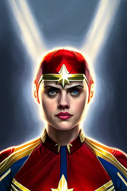 Image similar to alexandra daddario as captain marvel, realistic portrait, symmetrical, highly detailed, digital painting, artstation, concept art, smooth, sharp focus, illustration, cinematic lighting, art by artgerm and greg rutkowski and alphonse mucha