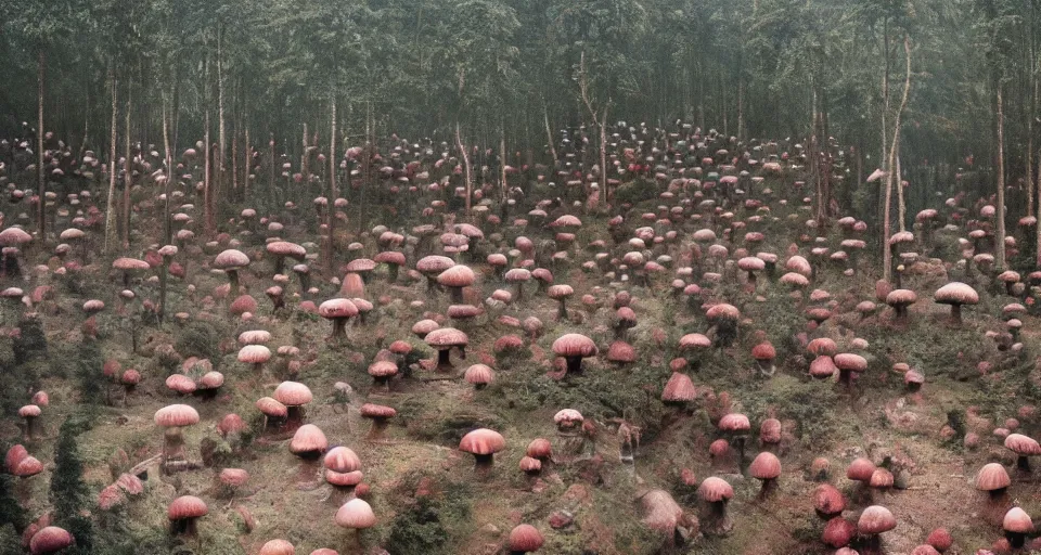 Prompt: A tribal village in a forest of giant mushrooms, by Gottfried Helnwein