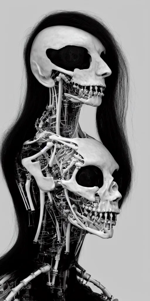 Image similar to black and white dreamy foggy smoky profile face portrait, single skeletal biomechanical beautiful young female cyclops - cyborg - robot bust, body ribs meshes,, volumetric light, rim light, by dora maar and cecile beaton, big gothic fashion pearl embroidered collar, 8 k