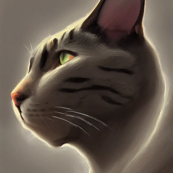 Prompt: profile face portrait of a cat shape like dog eating cakes in the cloisters, beautiful face, hyper realistic, highly detailed, digital painting, artstation, illustration, concept art by hyung tae and frank frazetta, digital paint, matte paint, washed colors, dark, gloomy