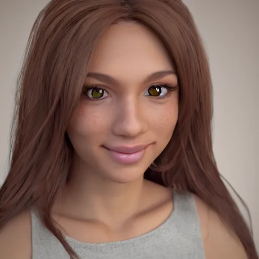 Image similar to Render of April, a cute 3D young woman, long shiny bronze brown hair, full round face, green eyes, light tan skin cute freckles, light blush, smiling softly, wearing casual clothing, interior lighting, cozy living room background, medium shot, mid-shot, hyperdetailed, hyperreal, trending on Artstation, Unreal Engine 4k