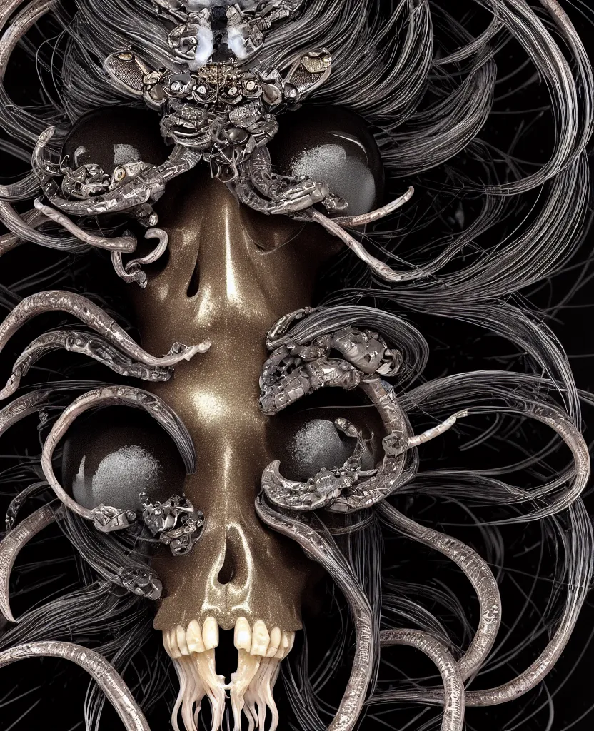 Image similar to goddess princess face close-up portrait ram skull. sculpture made of black stone with elements made of polished gold. jellyfish phoenix head, nautilus, orchid, skull, betta fish, bioluminiscent creatures, intricate artwork by Tooth Wu and wlop and beeple. octane render, trending on artstation, greg rutkowski very coherent symmetrical artwork. cinematic, hyper realism, high detail, octane render, 8k