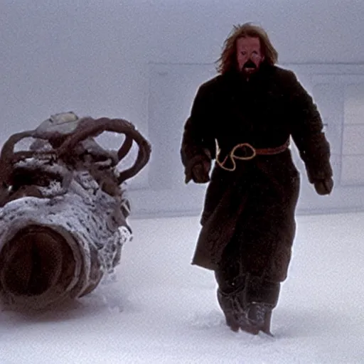 Image similar to movie still from the thing (1982), rendering of harry kane as macready, cinematic, action, full body action shot, john carpenter,