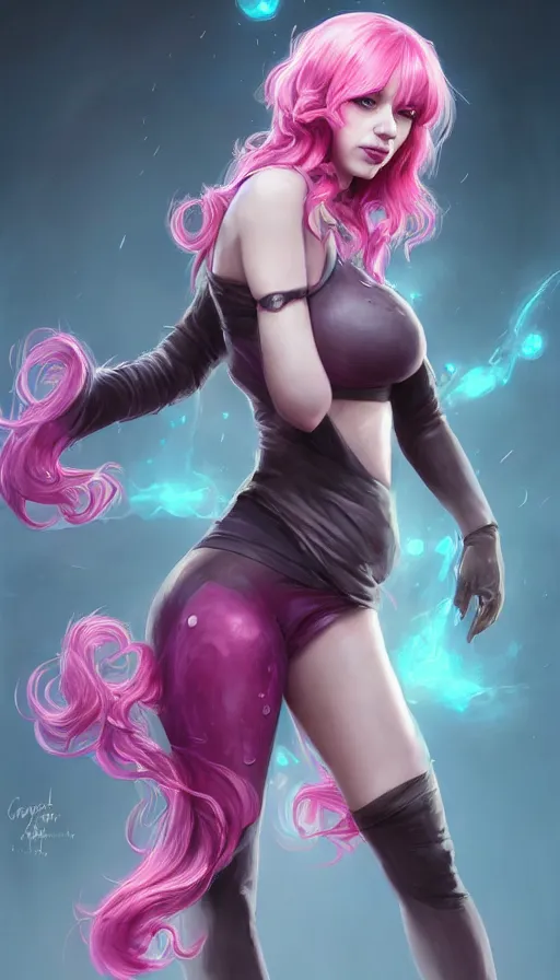 Image similar to gamergirl, perfectly-centered-photograph of young Christina Hendricks dressed like a gamergirl with pink hair looking at the camera, hands not visible, sweaty, wet, dynamic action pose, insane, intricate, highly detailed, digital painting, artstation, concept art, smooth, sharp focus, illustration, Unreal Engine 5, 8K, art by artgerm and greg rutkowski and alphonse mucha