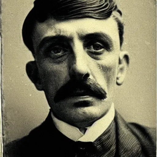 Image similar to headshot edwardian photograph of ian mcshane, arthur shelby, terrifying, scariest looking man alive, 1 8 9 0 s, london gang member, slightly pixelated, angry, intimidating, fearsome, realistic face, peaky blinders, 1 9 0 0 s photography, 1 9 1 0 s, grainy, blurry, very faded