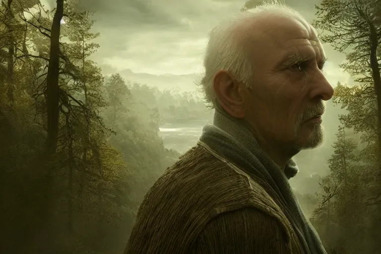 Image similar to an ultra realistic cinematic close up headshot portrait of an evil wizard, background of a vast serene landscape with trees and rivers, detailed, deep focus, movie still, dramatic lighting, ray tracing, by michal karcz and yoshitaka amano