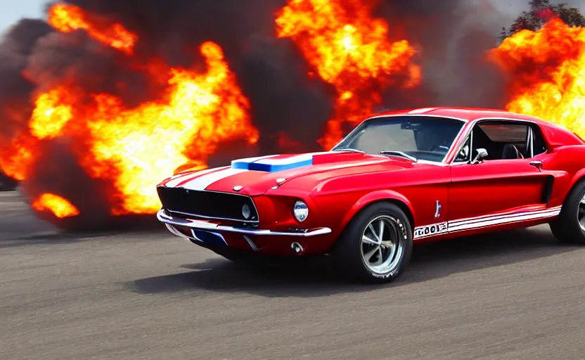 Image similar to a red 1 9 6 8 ford mustang shelby gt 5 0 0 driving high speed, fire explosion in the background, action scen. realistic. high resolution. dramatic