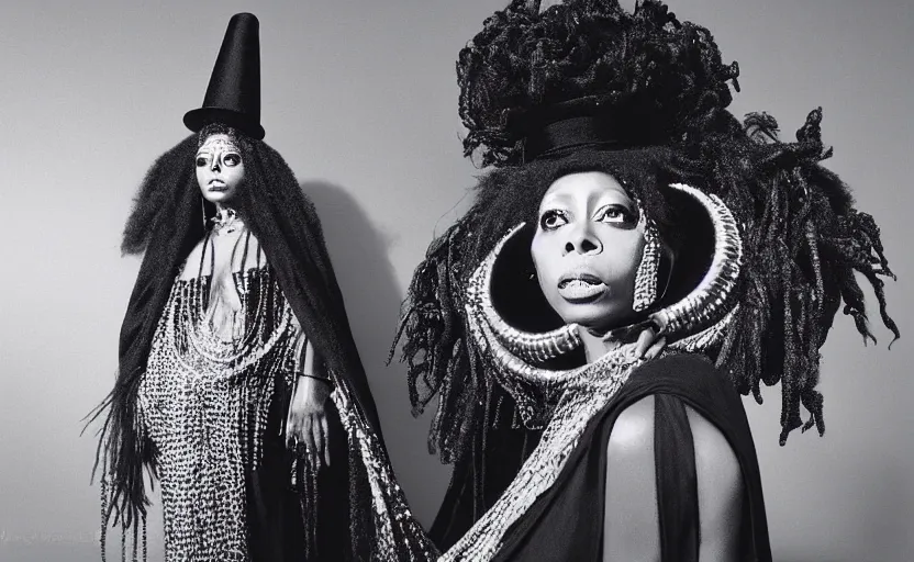 Prompt: “erykah badu as a voodoo queen wearing flowing black robes and a disco tophat , by James turell, by Laurie Lipton, by Thomas kinkade, 8k resolution, realistic shadows, 3D, rendered in octane, volumetric lighting, hyper detailed, photorealistic, voodoo”