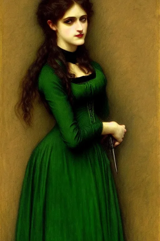 Prompt: victorian vampire in green dress, painting by rossetti bouguereau, detailed art, artstation