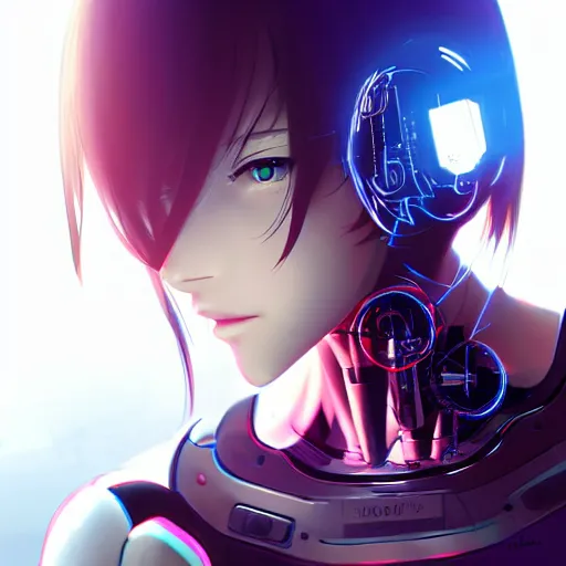 Image similar to digital anime, cyborg - girl looking into a mirror, mechanical insides, reflections, wlop, ilya kuvshinov, artgerm