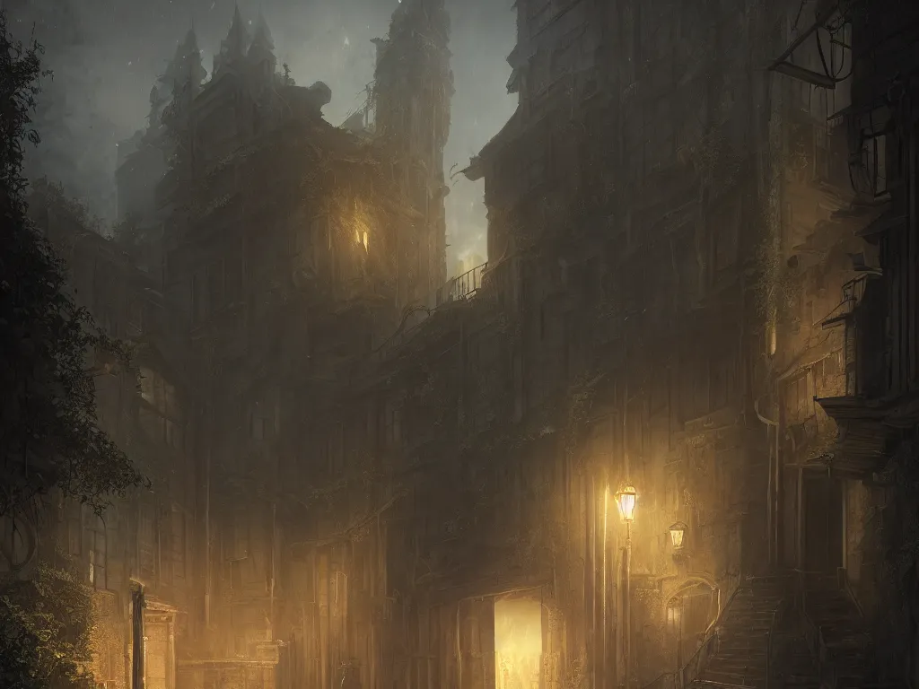 Prompt: a detailed matte painting of a nightscene with a dark alley at the end an illuminated door in the style of greg rutkowski and hiromasa ogura