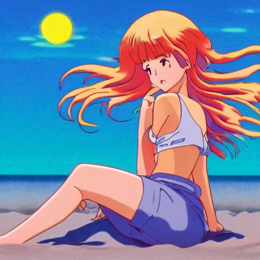 Image similar to girl laying in the sand next to ocean in sunset, sprite, vaporwave nostalgia, directed by beat takeshi, visual novel cg, 8 0 s anime vibe, kimagure orange road, maison ikkoku, initial d, sketch by osamu tezuka, directed by hideki anno