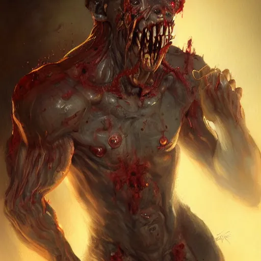 Image similar to zombie from doom eternal, tubes spliced to the body, front view, painted by stanley lau, painted by greg rutkowski, painted by stanley, artgerm, masterpiece, digital art, trending on arts