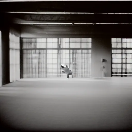 Prompt: There are two young male shadowy figures in an empty hall, motion blur, polaroid picture, black-and-white, 35mm