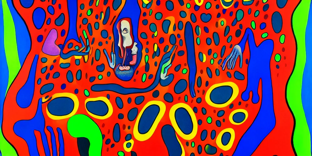 Prompt: a man being overcome by love, psychedelic dripping colors, detailed painting by painting by man ray and pablo amaringo yayoi kusama