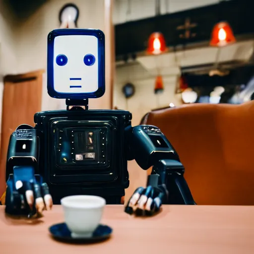 Image similar to a robot police officer drinking tea in a coffee shop sitting down relaxed, professional photography