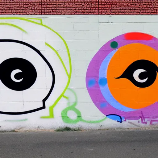 Image similar to wall with graffiti of man with one eye made with colored circles and lines