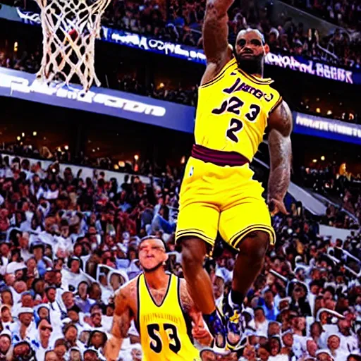 Prompt: a midget dunking on LeBron James