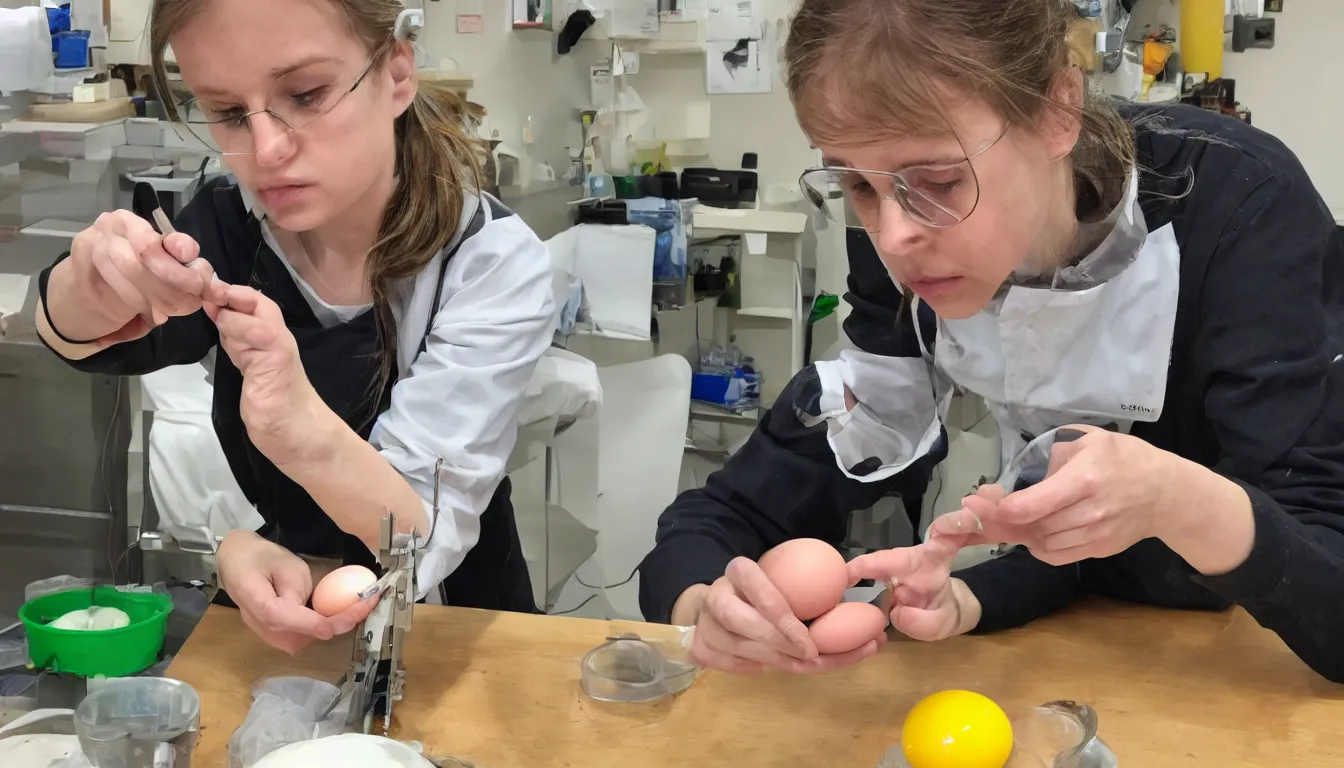 Prompt: Scientist measuring eggs with a caliper.