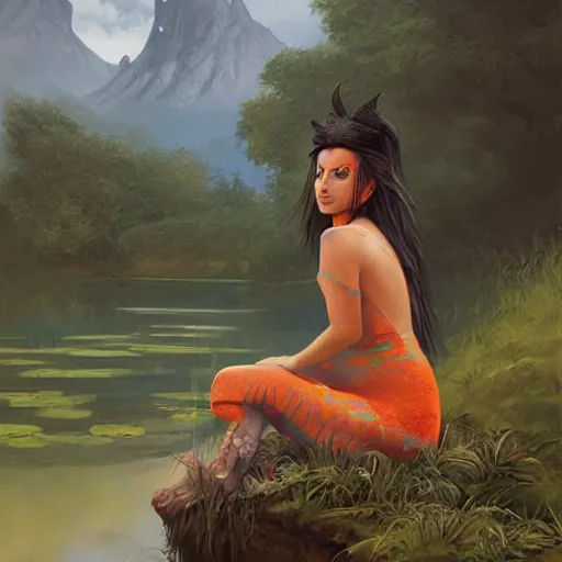 Prompt: Harpy, wearing Inka clothes, sitting at a pond, mountainous area, trees in the background, oil painting, by Fernanda Suarez and Greg Rutkowski