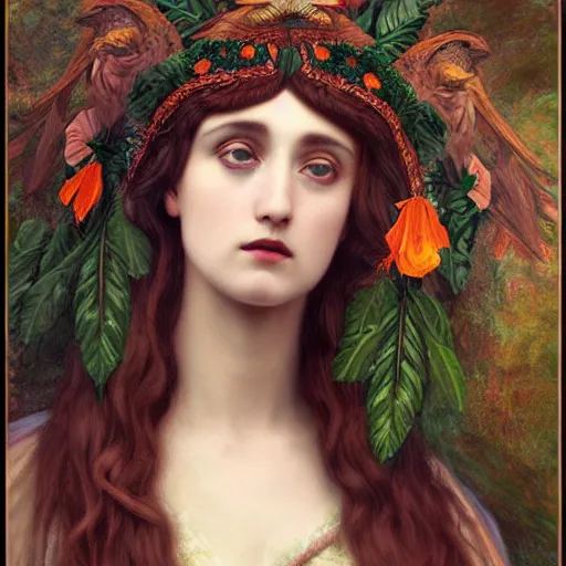 Image similar to Beautiful Pre-Raphaelite goddess of wearing an intricate crow headdress, in the style of John William Godward and Anna Dittman, close-up portrait, porcelain skin, head in focus, flowers and plants, etheric, moody, intricate, mystical,