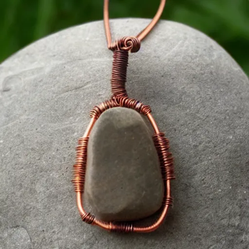 Prompt: beautiful but simple amulet made from sandstone and dirtstone, bound together by copper wire