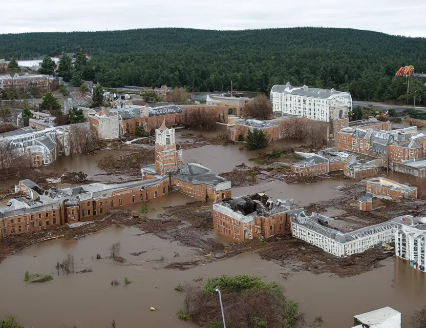 Prompt: dalhousie university in ruins, and flooded