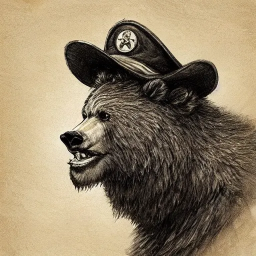 Image similar to dashing charming grinning charismatic bear beast-man, wearing captain's tricorne hat, naval background, amazing, lifelike award winning pencil illustration trending on art station artgerm Greg rutkowski cinematic