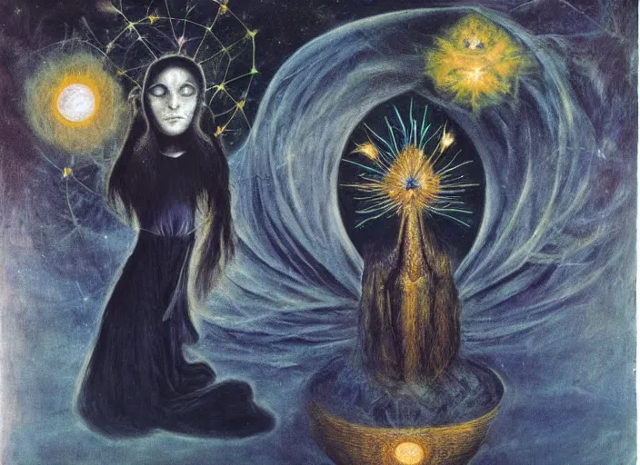 Prompt: a shaman woman spirit holding up the cosmic!! universe, by remedios varo, reflection, symbolist, magic colors, dramatic lighting, smooth, sharp focus, extremely detailed, aesthetically pleasing composition