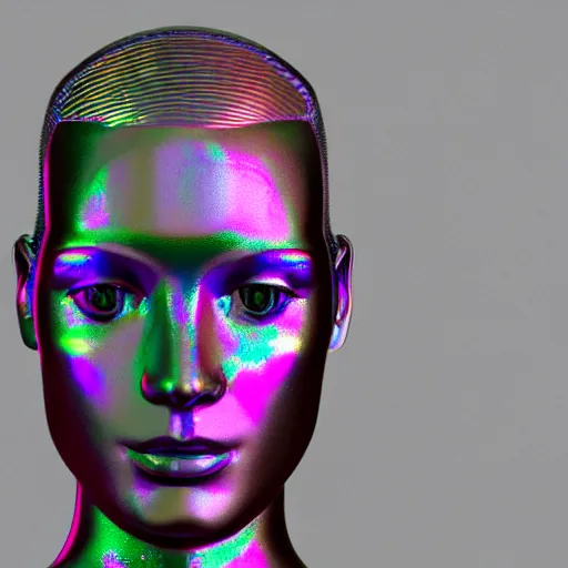 Image similar to 3d render of holographic human robotic head made of glossy iridescent, surrealistic 3d illustration of a human face non-binary, non binary model, 3d model human, cryengine, made of holographic texture, holographic material, holographic rainbow, concept of cyborg and artificial intelligence