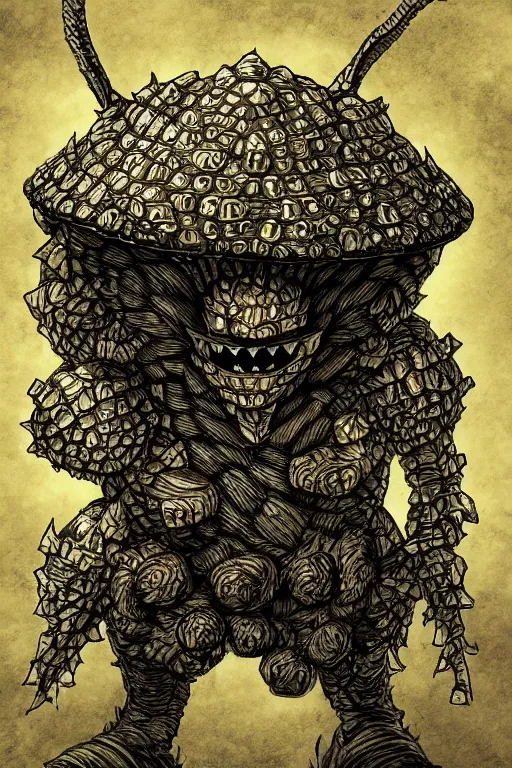 Image similar to armoured warrior mushroom monster, symmetrical, highly detailed, digital art, sharp focus, trending on art station, amber, kentaro miura art style