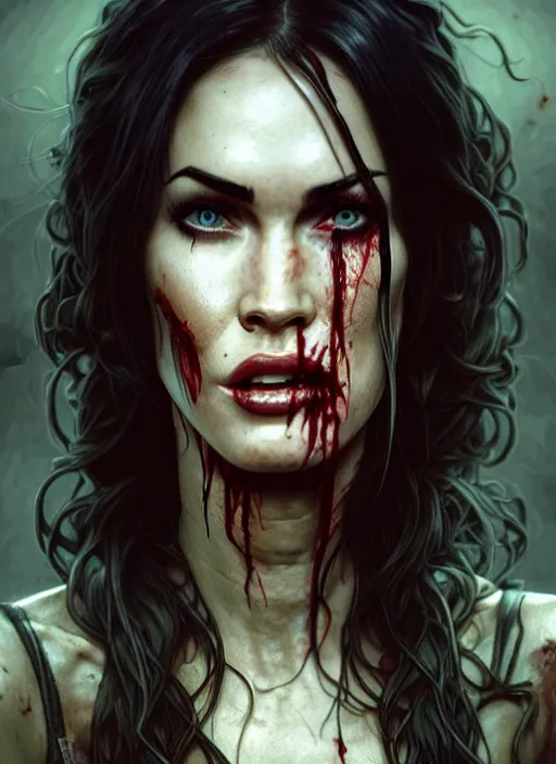 Image similar to portrait of megan fox as bloodthirsty damaged toothsome zombie, once upon a time, intricate, headshot, highly detailed, digital painting, artstation, concept art, sharp focus, cinematic lighting, illustration, art by artgerm and greg rutkowski, alphonse mucha, cgsociety