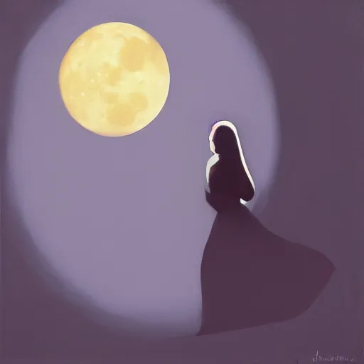 Prompt: a blue and black painting of a woman silhouetted by a full moon. Trending on ArtStation