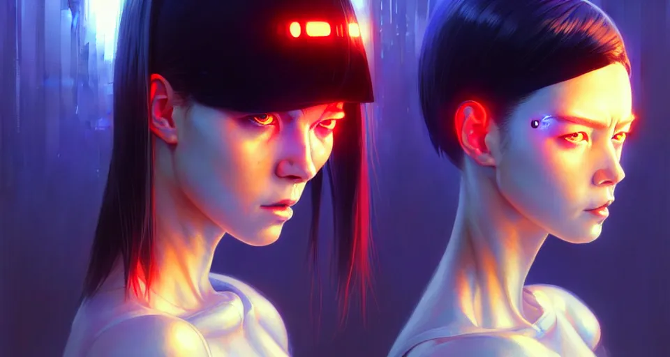 Image similar to potrait of a cyborg cyberpunk girl, fine - face, realistic shaded perfect face, fine details. starlight, realistic shaded lighting poster by ilya kuvshinov katsuhiro otomo ghost - in - the - shell, magali villeneuve, artgerm, jeremy lipkin and michael garmash, rob rey and kentaro miura style, trending on art station